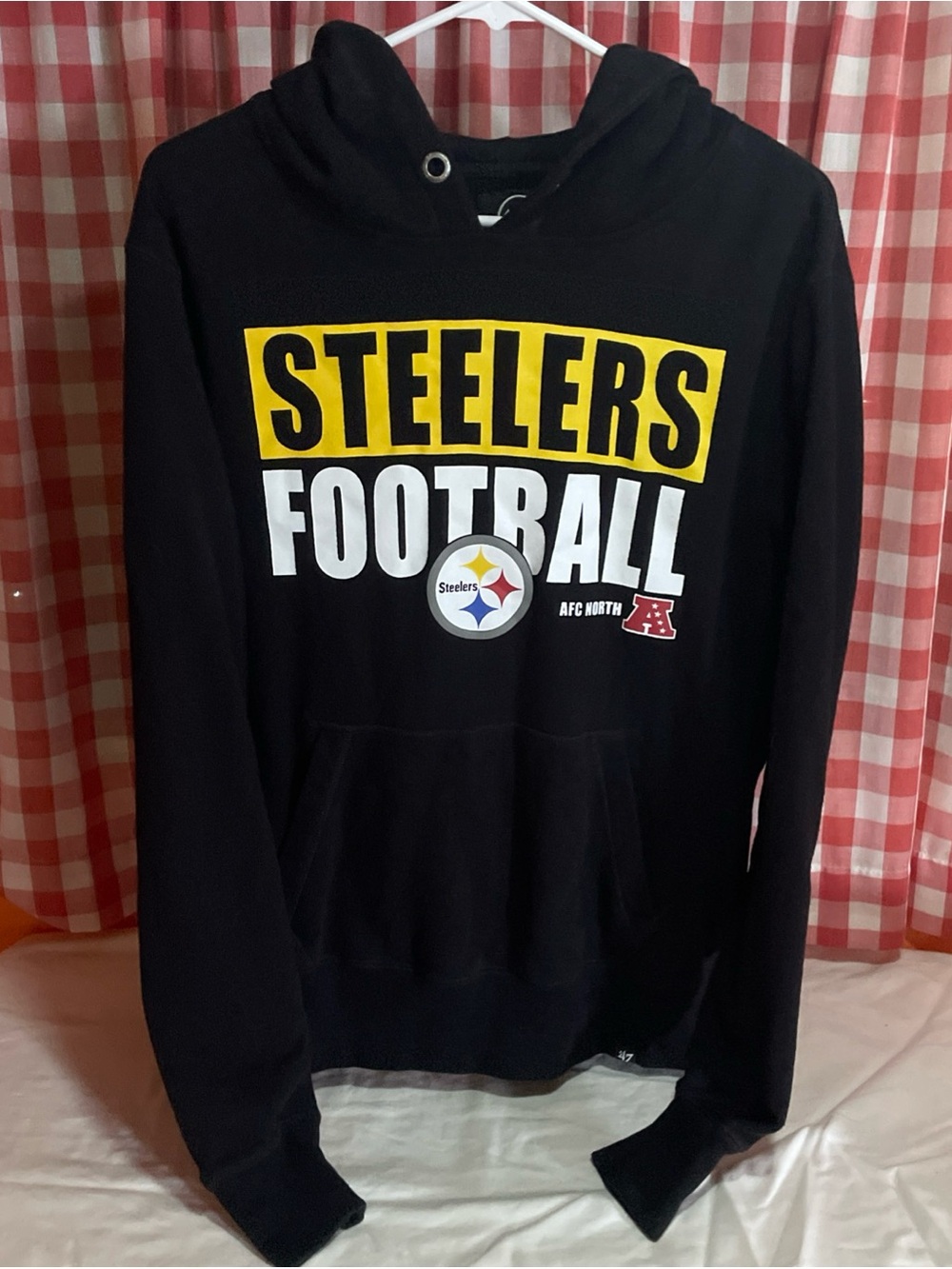 47 Black Hoodie with Yellow and White Steelers Football Graphics